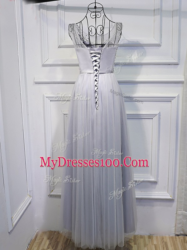 New Arrival Grey Tulle Lace Up Sleeveless Floor Length Beading and Sequins