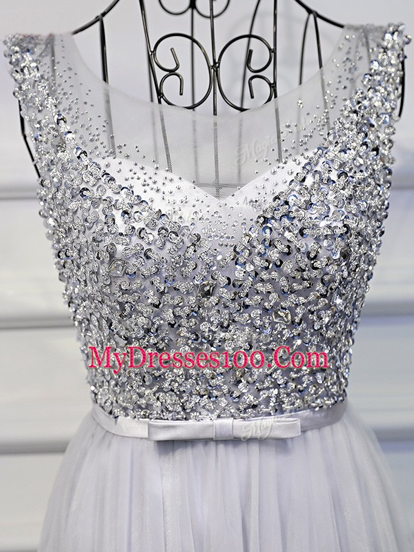 New Arrival Grey Tulle Lace Up Sleeveless Floor Length Beading and Sequins
