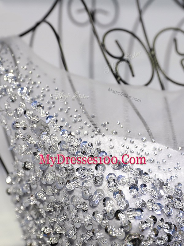 New Arrival Grey Tulle Lace Up Sleeveless Floor Length Beading and Sequins
