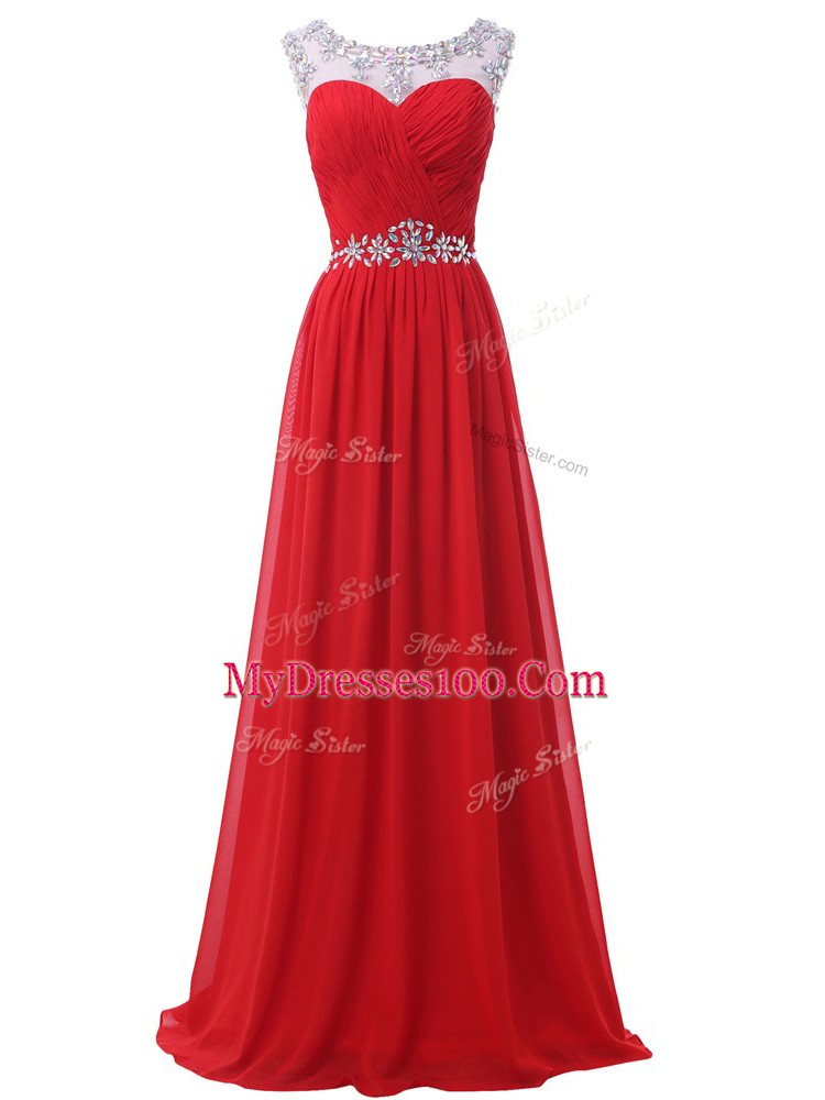 Fancy Beading and Ruching Prom Party Dress Red Backless Sleeveless Floor Length