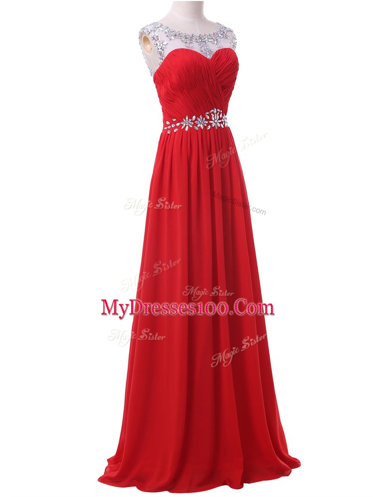 Fancy Beading and Ruching Prom Party Dress Red Backless Sleeveless Floor Length