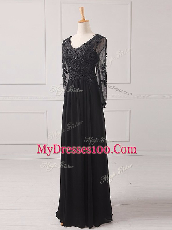Fashionable Floor Length Empire Long Sleeves Black Mother of the Bride Dress Zipper