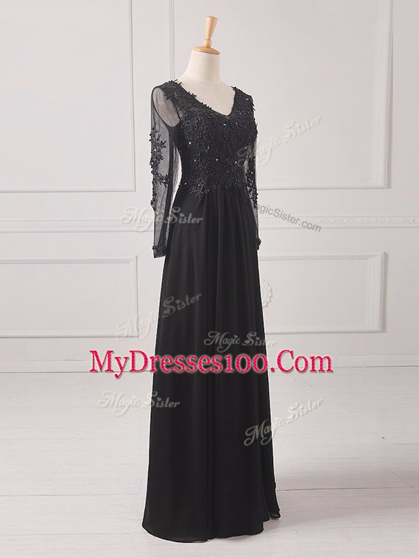 Fashionable Floor Length Empire Long Sleeves Black Mother of the Bride Dress Zipper