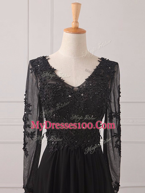 Fashionable Floor Length Empire Long Sleeves Black Mother of the Bride Dress Zipper