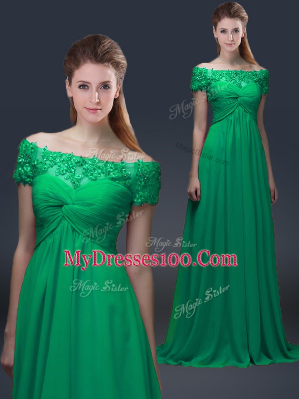 Extravagant Short Sleeves Chiffon Floor Length Lace Up Mother Of The Bride Dress in Green with Appliques