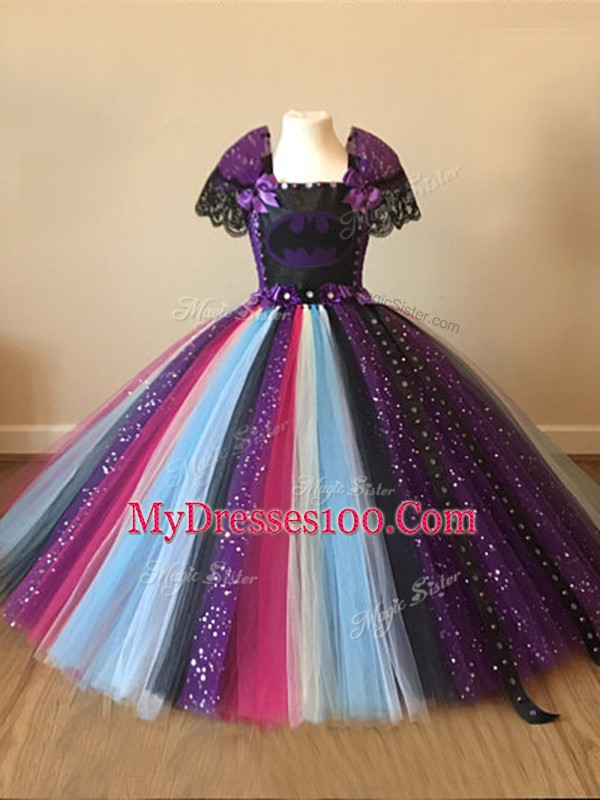 Square Short Sleeves Zipper Little Girls Pageant Gowns Multi-color Tulle