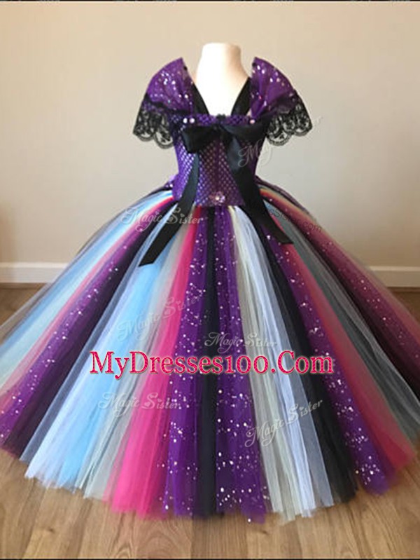 Square Short Sleeves Zipper Little Girls Pageant Gowns Multi-color Tulle