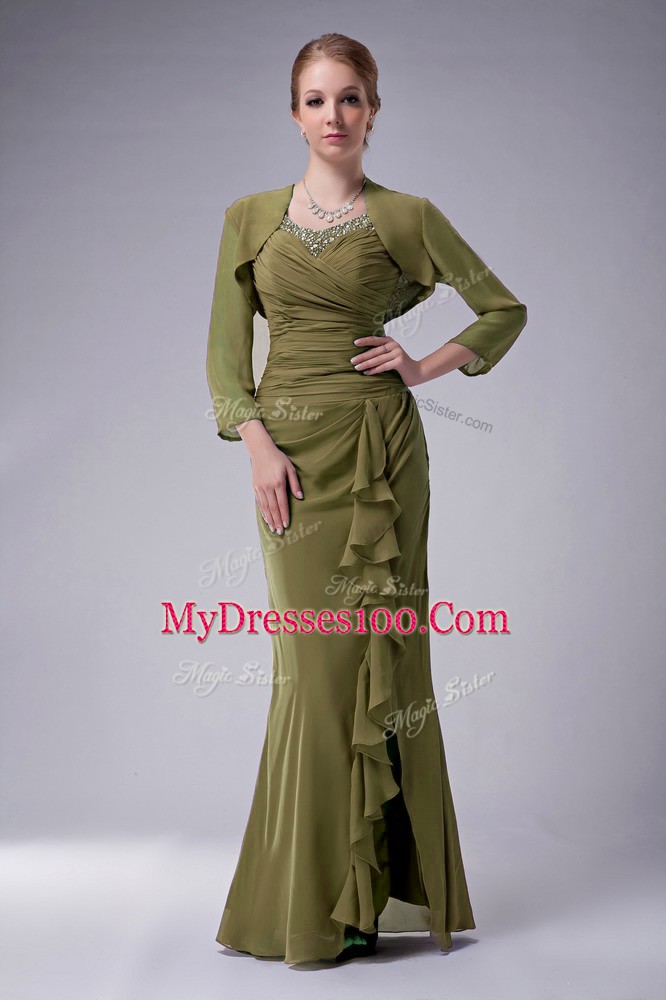 Super Olive Green Sleeveless Floor Length Beading Zipper Mother Of The Bride Dress