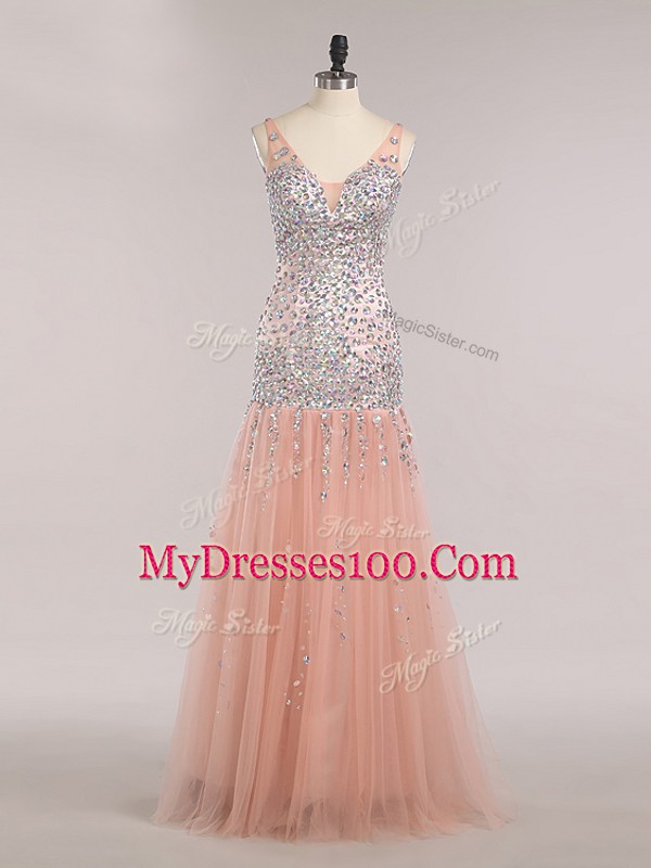 Floor Length Peach Tulle Sleeveless Beading and Sequins