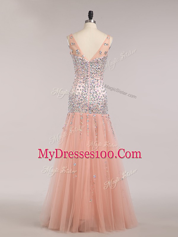 Floor Length Peach Tulle Sleeveless Beading and Sequins