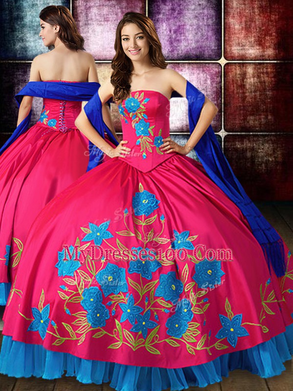 Strapless Sleeveless Lace Up Vestidos de Quinceanera Hot Pink Taffeta