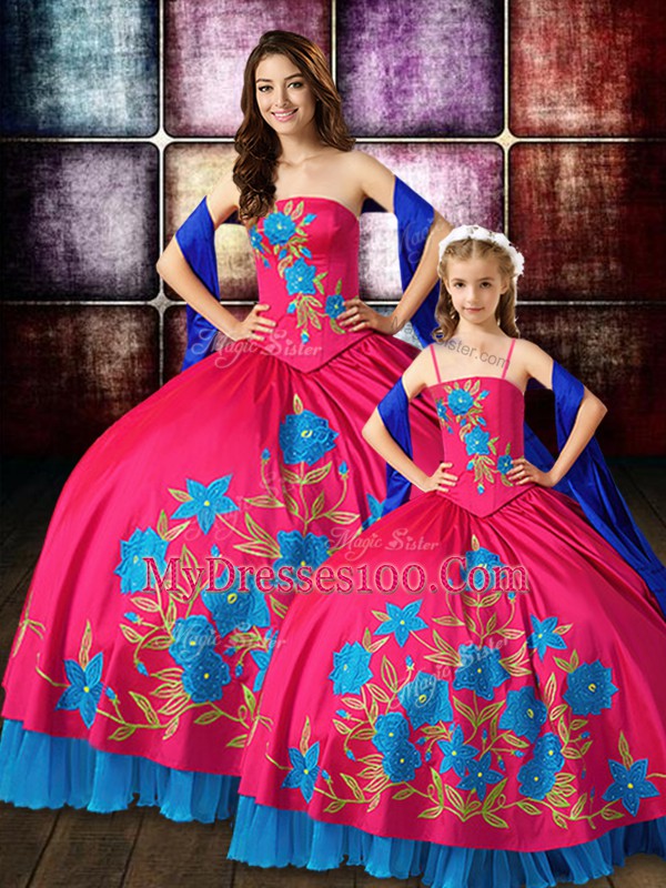 Strapless Sleeveless Lace Up Vestidos de Quinceanera Hot Pink Taffeta