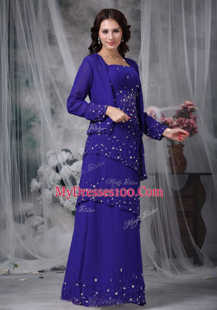Luxury Straps Sleeveless Mother Dresses Floor Length Beading Blue Chiffon