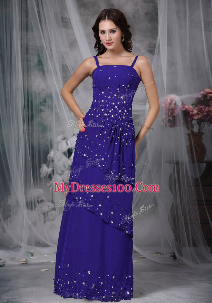 Luxury Straps Sleeveless Mother Dresses Floor Length Beading Blue Chiffon