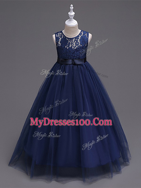Sweet Scoop Sleeveless Flower Girl Dresses Floor Length Lace Navy Blue Tulle
