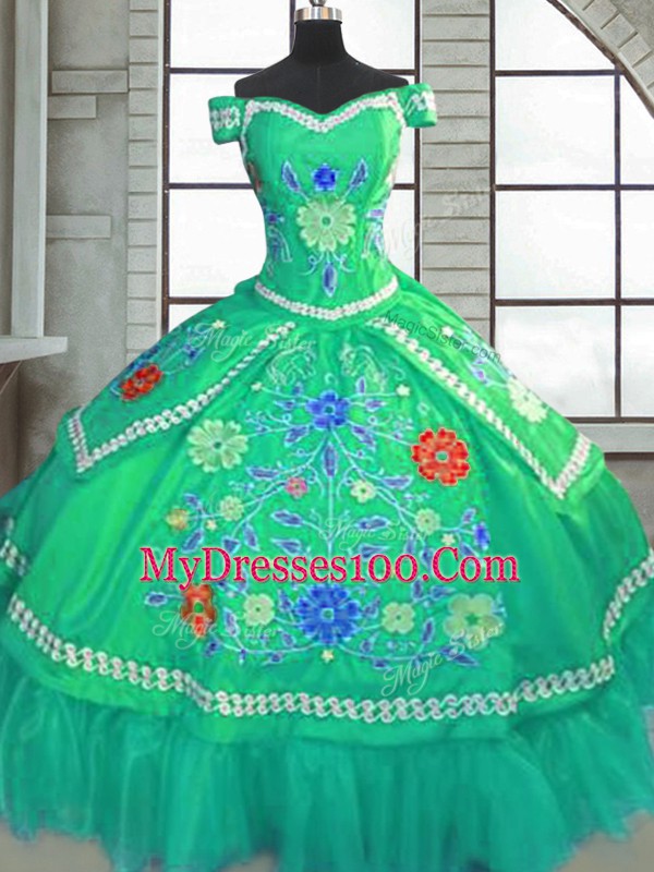 Green Taffeta Lace Up Vestidos de Quinceanera Short Sleeves Floor Length Beading and Embroidery
