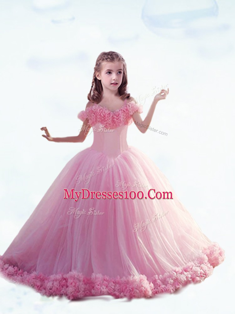 Sleeveless Hand Made Flower Lace Up Little Girls Pageant Dress Wholesale with Baby Pink Court Train