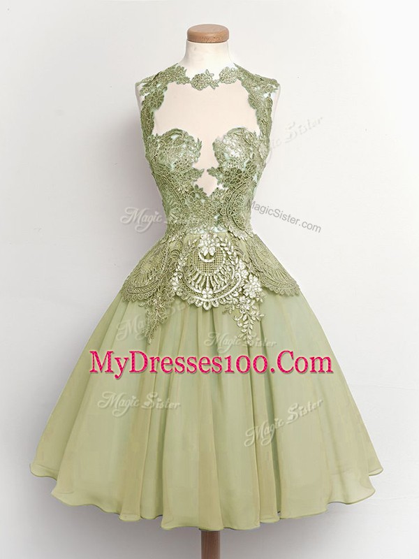 Olive Green Chiffon Lace Up High-neck Sleeveless Knee Length Dama Dress for Quinceanera Lace