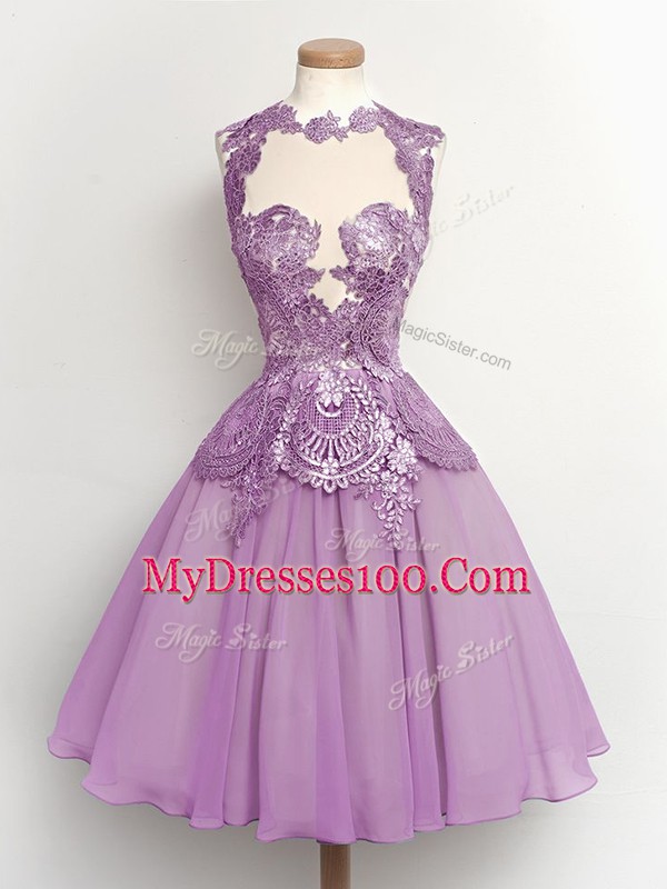 Chiffon High-neck Sleeveless Lace Up Lace Bridesmaids Dress in Lilac