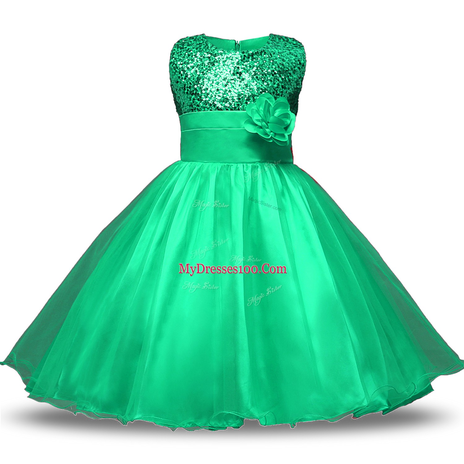 Captivating Sleeveless Organza and Sequined Knee Length Zipper Flower Girl Dresses in Turquoise with Belt and Hand Made Flower