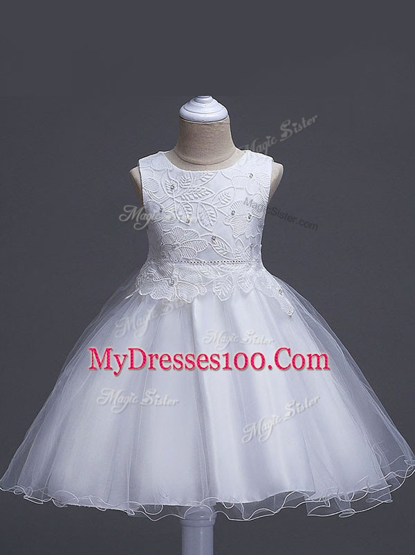 White Scoop Neckline Lace Kids Formal Wear Sleeveless Zipper