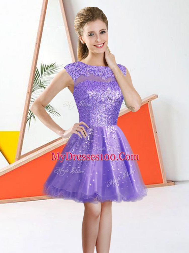 Lavender A-line Scoop Sleeveless Organza Knee Length Backless Beading and Lace Bridesmaid Gown