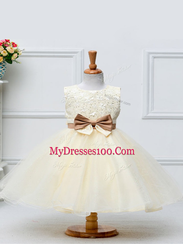 Champagne Ball Gowns Lace and Bowknot Little Girls Pageant Dress Zipper Tulle Sleeveless Knee Length
