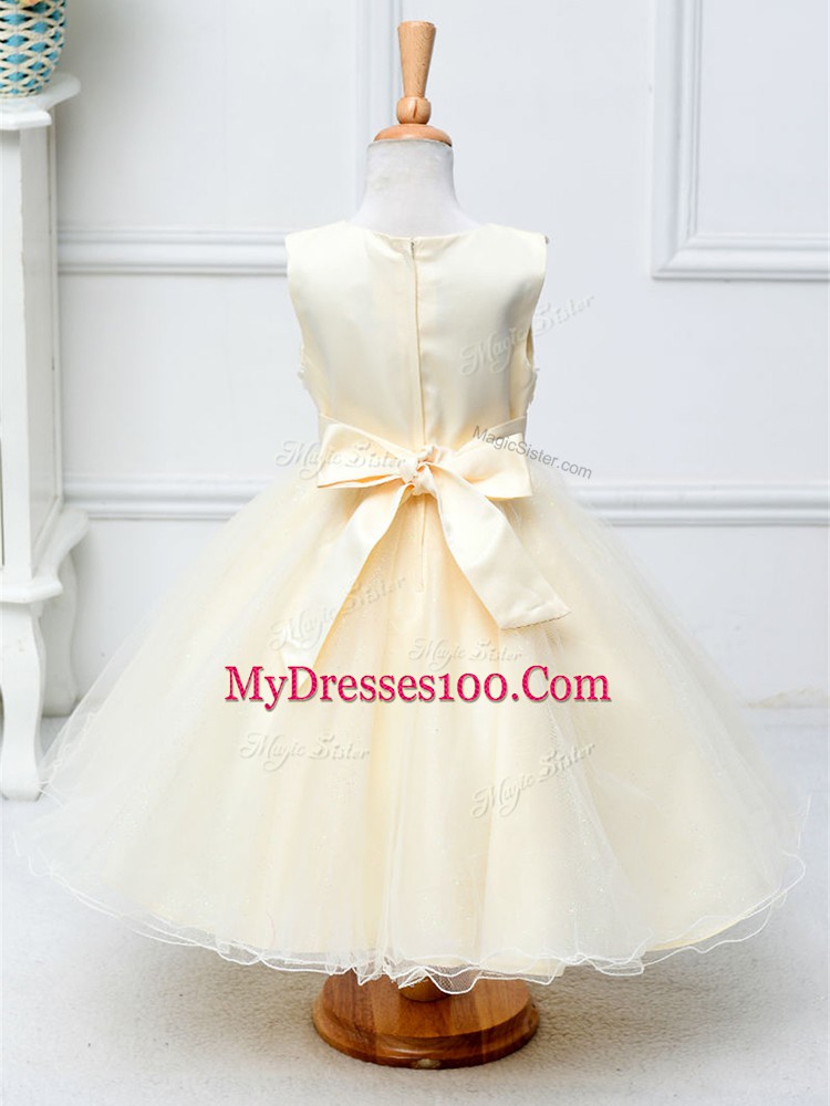Champagne Ball Gowns Lace and Bowknot Little Girls Pageant Dress Zipper Tulle Sleeveless Knee Length