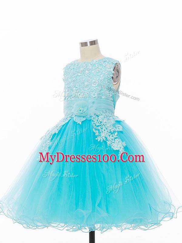 Fashion Knee Length Baby Blue Pageant Gowns For Girls Scoop Sleeveless Zipper