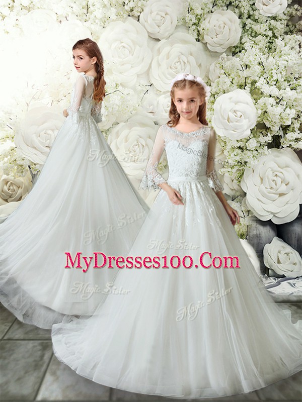 White Scoop Clasp Handle Lace Flower Girl Dresses for Less Brush Train 3 4 Length Sleeve