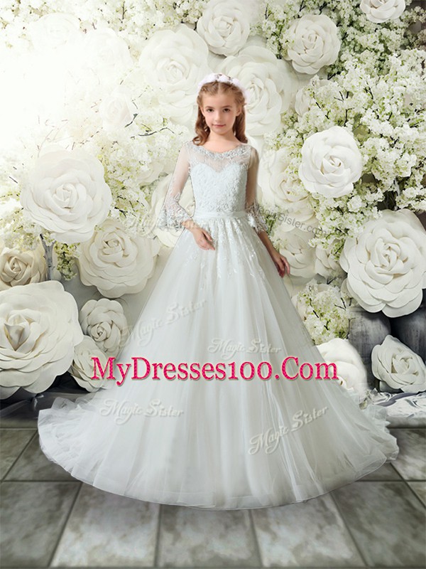 White Scoop Clasp Handle Lace Flower Girl Dresses for Less Brush Train 3 4 Length Sleeve