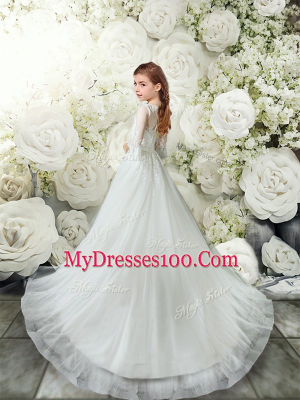 White Scoop Clasp Handle Lace Flower Girl Dresses for Less Brush Train 3 4 Length Sleeve