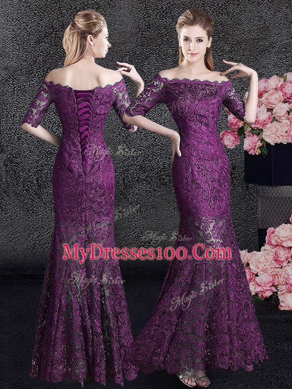 Mermaid Off the Shoulder Purple Half Sleeves Lace Lace Up Mother of Groom Dress for Prom and Party