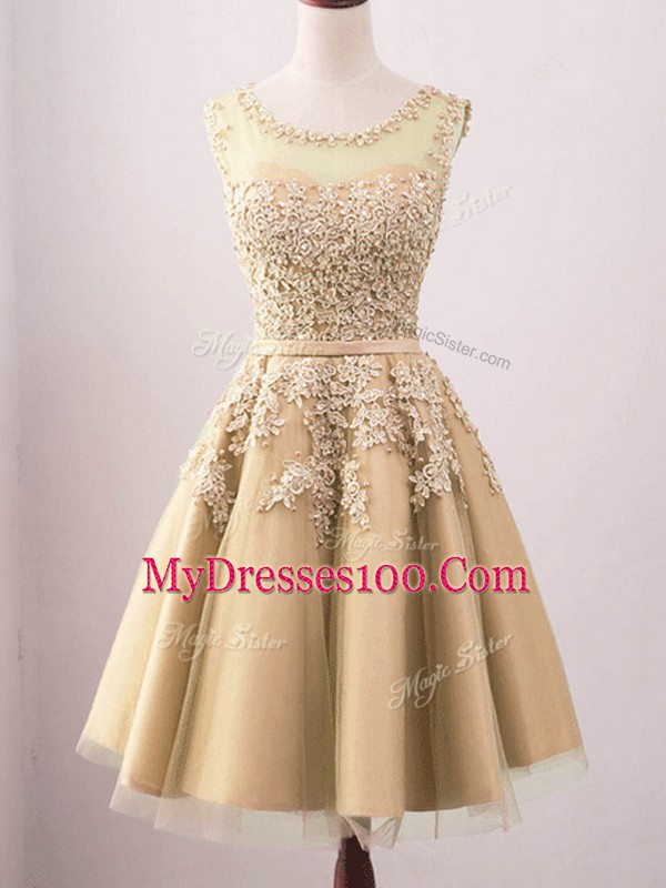 Flirting Gold Scoop Neckline Lace Bridesmaid Dress Sleeveless Lace Up