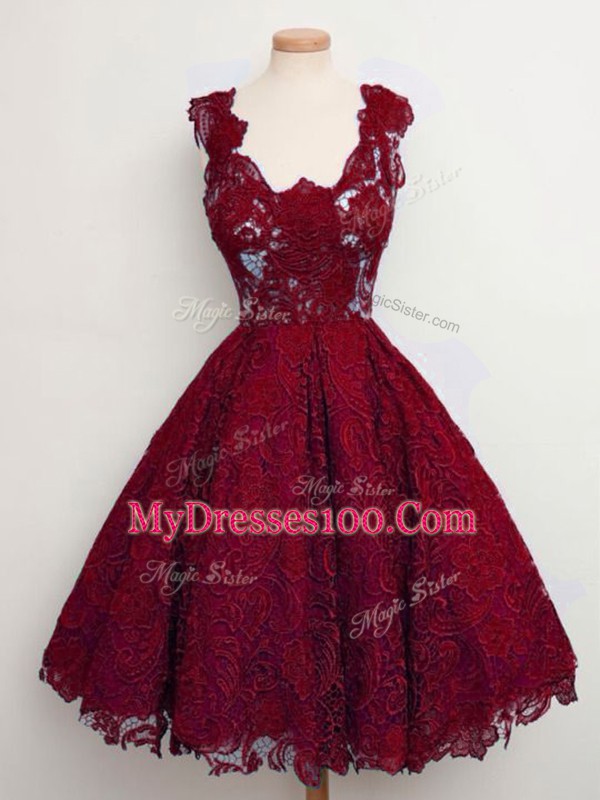 Inexpensive Wine Red Lace Lace Up Straps Sleeveless Knee Length Vestidos de Damas Lace