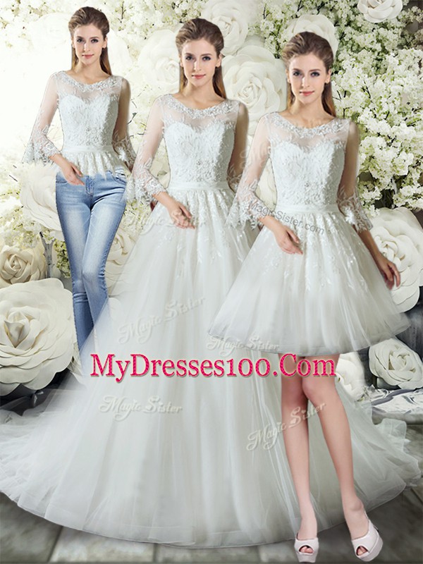 Glorious Lace Wedding Gowns White Zipper 3 4 Length Sleeve Court Train