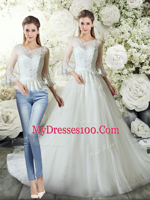Glorious Lace Wedding Gowns White Zipper 3 4 Length Sleeve Court Train