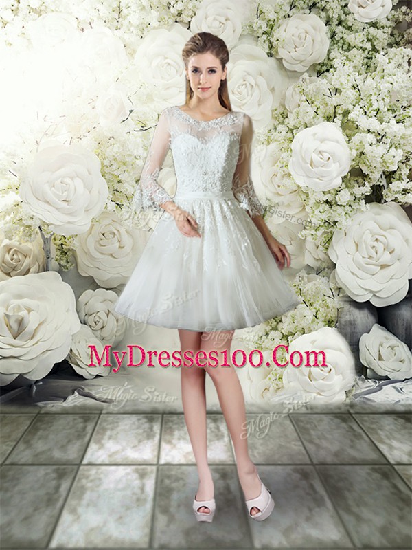 Glorious Lace Wedding Gowns White Zipper 3 4 Length Sleeve Court Train