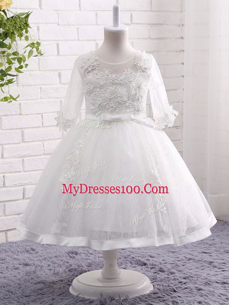 Fashion White Girls Pageant Dresses Wedding Party with Lace and Appliques Scoop Short Sleeves Zipper