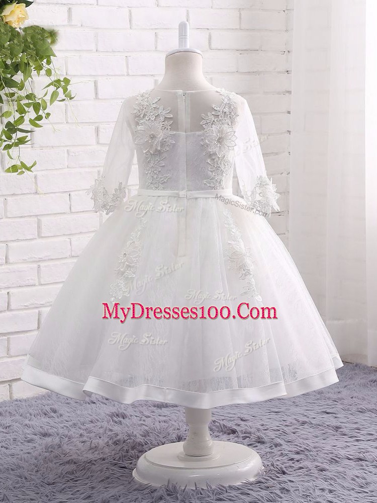 Fashion White Girls Pageant Dresses Wedding Party with Lace and Appliques Scoop Short Sleeves Zipper