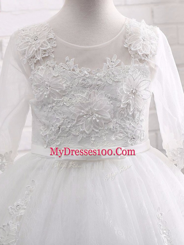 Fashion White Girls Pageant Dresses Wedding Party with Lace and Appliques Scoop Short Sleeves Zipper
