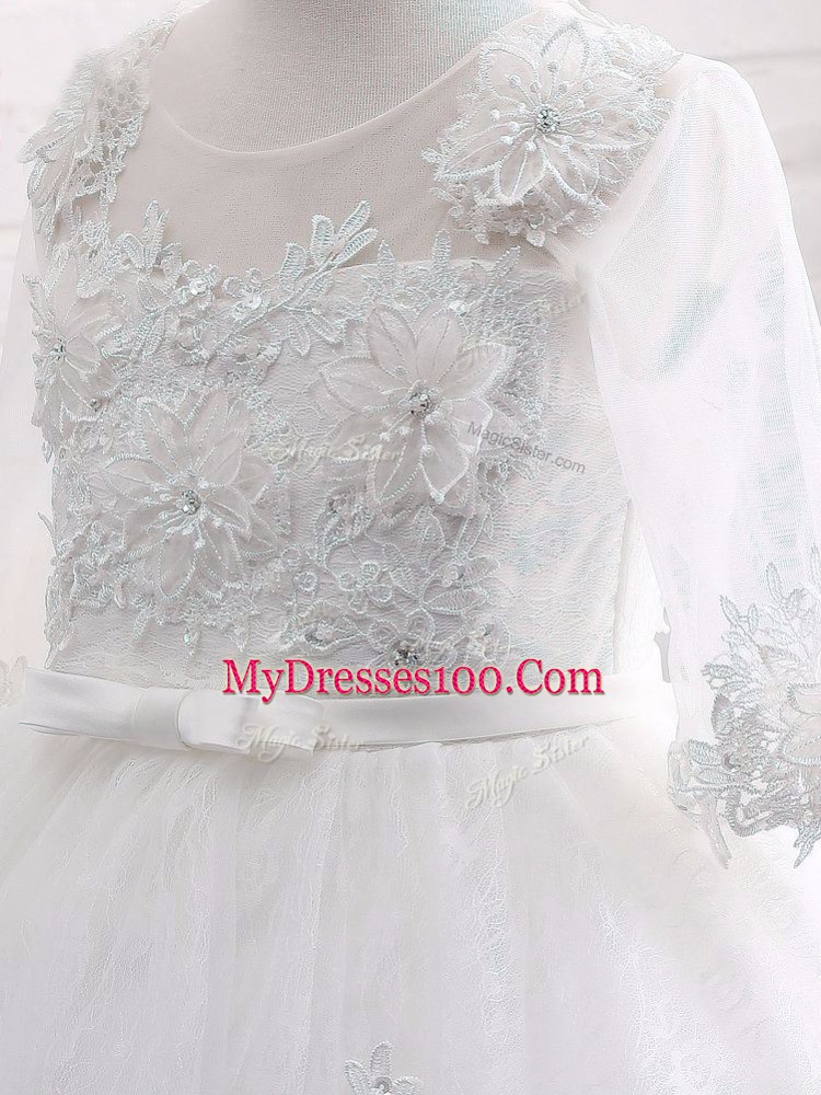 Fashion White Girls Pageant Dresses Wedding Party with Lace and Appliques Scoop Short Sleeves Zipper