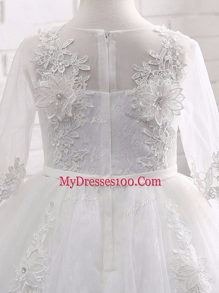 Fashion White Girls Pageant Dresses Wedding Party with Lace and Appliques Scoop Short Sleeves Zipper