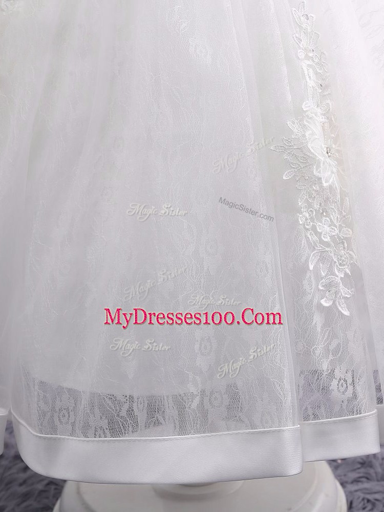 Fashion White Girls Pageant Dresses Wedding Party with Lace and Appliques Scoop Short Sleeves Zipper