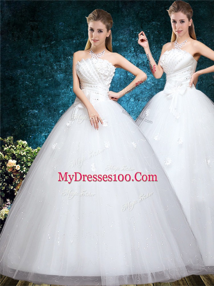 Excellent White Wedding Dress Wedding Party with Appliques and Embroidery Off The Shoulder Sleeveless Lace Up