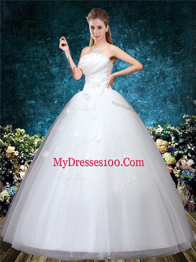 Excellent White Wedding Dress Wedding Party with Appliques and Embroidery Off The Shoulder Sleeveless Lace Up