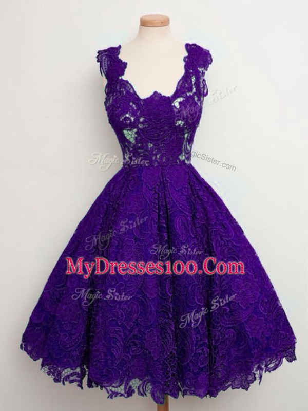 Purple Lace Up Quinceanera Court of Honor Dress Lace Sleeveless Knee Length