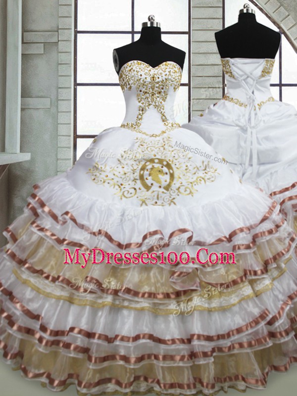White Sleeveless Floor Length Beading and Embroidery and Ruffled Layers Lace Up Sweet 16 Dress