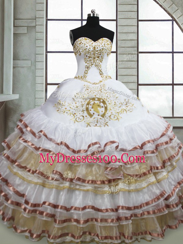White Sleeveless Floor Length Beading and Embroidery and Ruffled Layers Lace Up Sweet 16 Dress