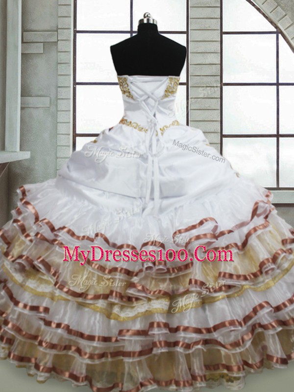 White Sleeveless Floor Length Beading and Embroidery and Ruffled Layers Lace Up Sweet 16 Dress
